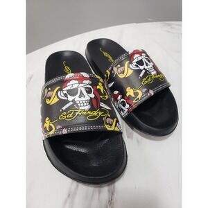 NEW SIZE 12 Ed Hardy Youth Kids Slides flip-Flops Black Pirate Slip On sandals